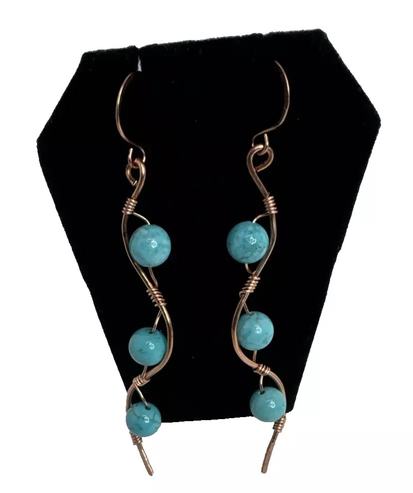 Copper Wave Dangle Earrings With Turquoise Beads And French Hook