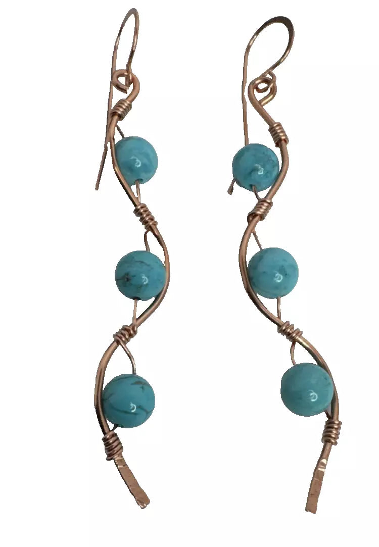 Copper Wave Dangle Earrings With Turquoise Beads And French Hook