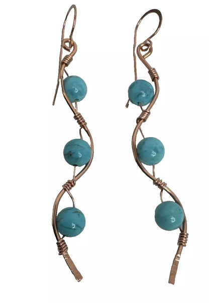 Copper Wave Dangle Earrings With Turquoise Beads And French Hook