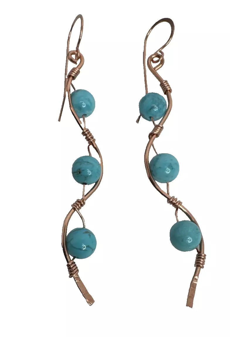 Copper Wave Dangle Earrings With Turquoise Beads And French Hook