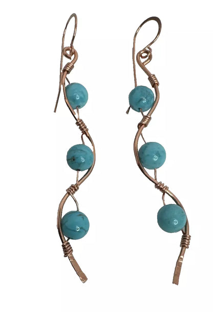 Copper Wave Dangle Earrings With Turquoise Beads And French Hook