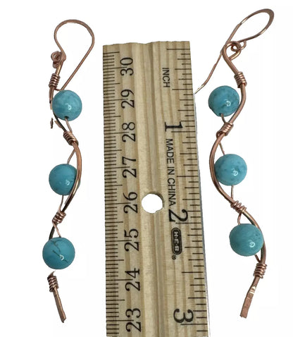 Copper Wave Dangle Earrings With Turquoise Beads And French Hook